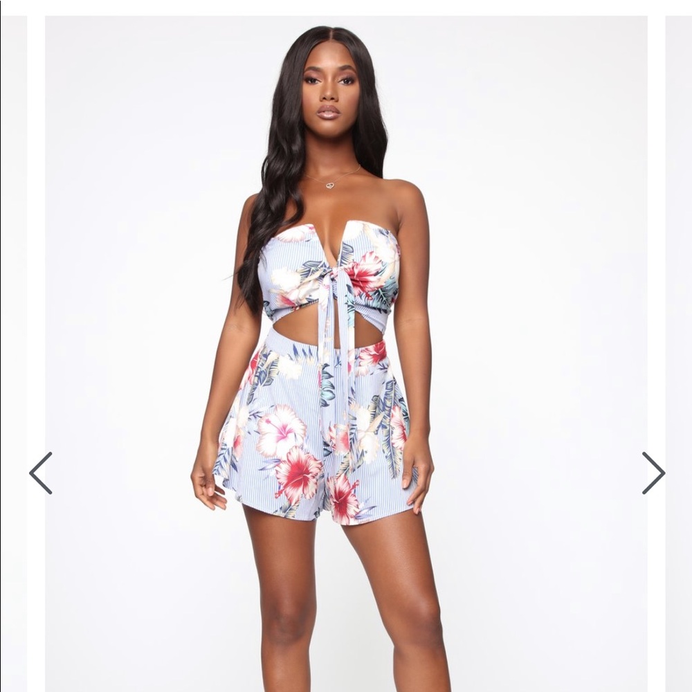 Blue Pinstripe Floral Romper